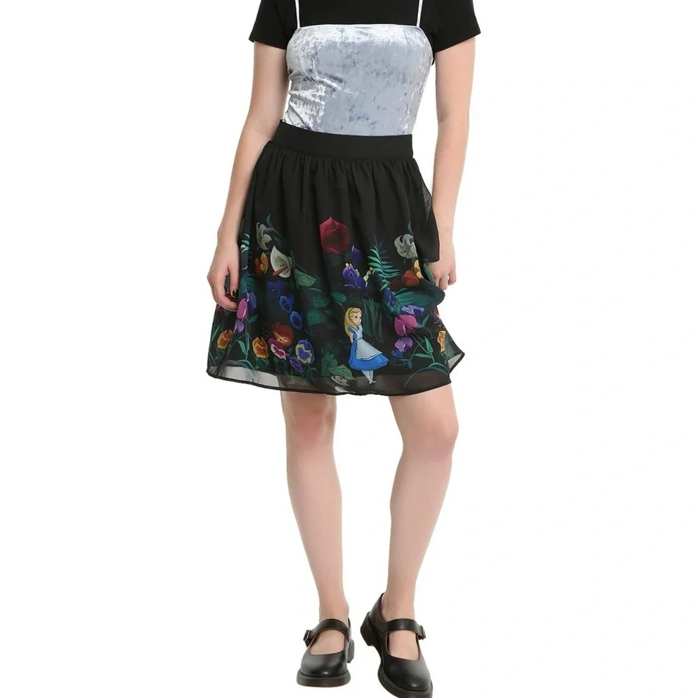 DISNEY Alice In Wonderland Flowers Border Print Chiffon Skirt Size XS - Picture 2 of 13